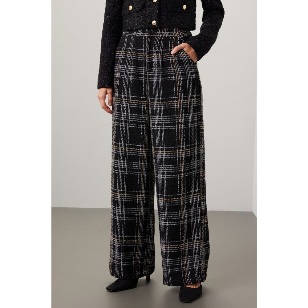 Slate & Willow Black Plaid Tweed Wide Leg High Rise Trouser Dress Pants Size M - Picture 3 of 14